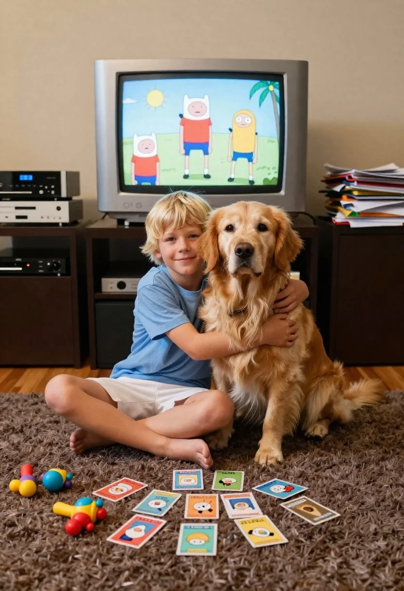 Boy hugging dog with toys and television in room