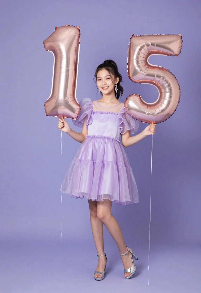 Teenage girl in purple dress holding number balloons - AI generated image prompt sample