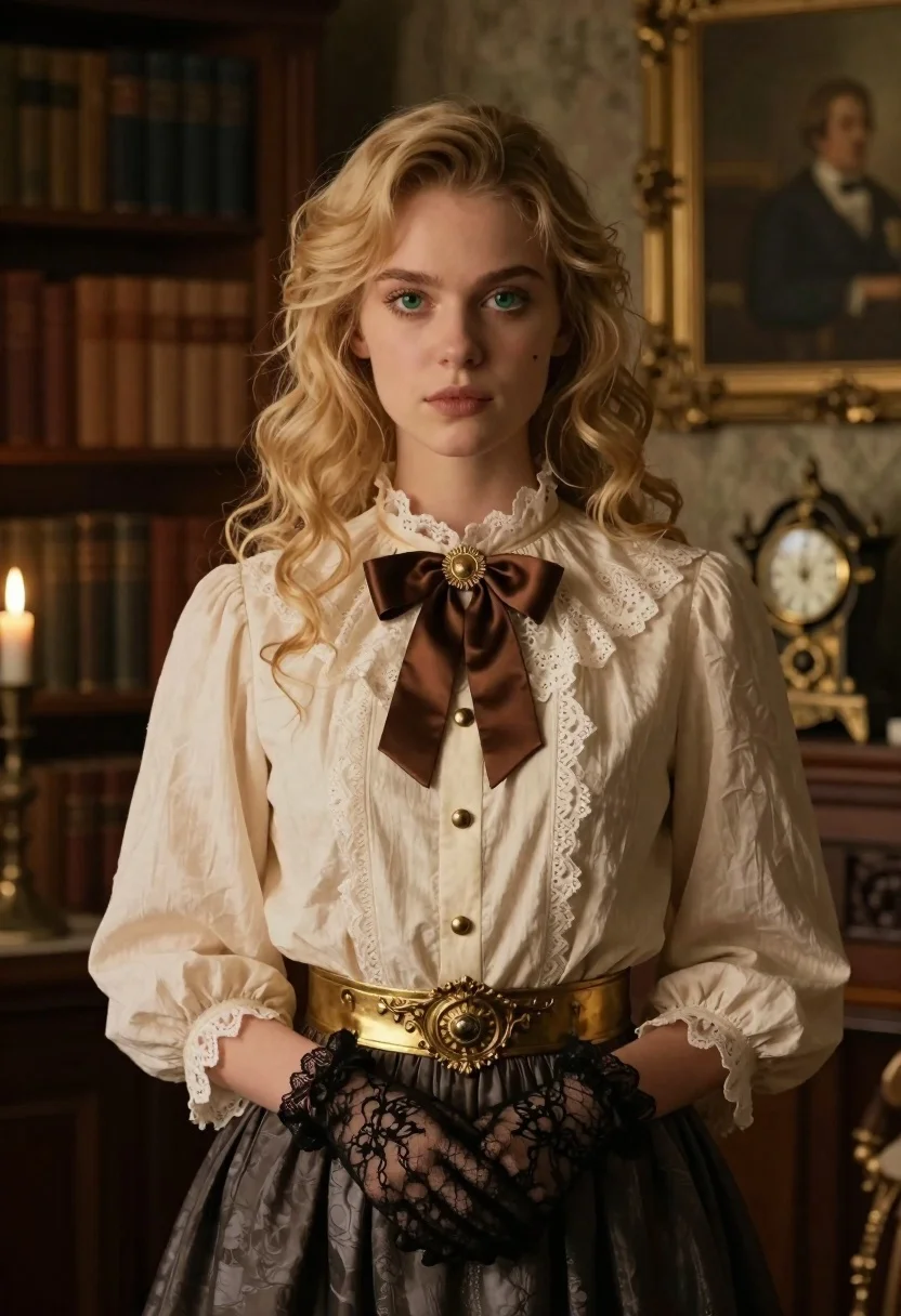 Portrait of young woman with blonde hair in lace blouse and gloves - AI generated image prompt sample