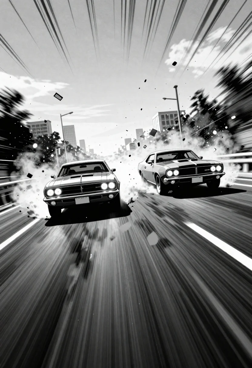 Two vintage muscle cars speeding on an urban highway