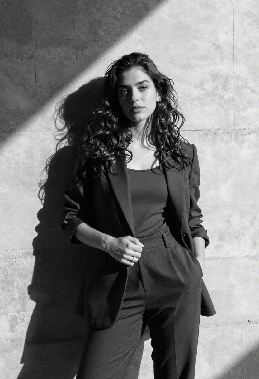 Young woman leaning against concrete wall in black and white photograph - AI generated image prompt sample