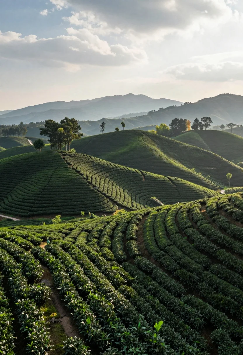 Aerial view of rolling hills with neat rows of vibrant green tea - AI generated image prompt sample