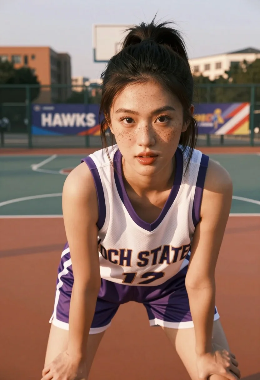 Young asian woman in basketball uniform crouching on outdoor court at sunset - AI generated image prompt sample
