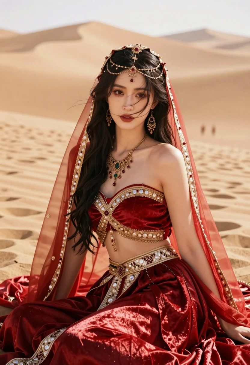 Woman in red gown seated on golden sand dunes under bright sky - AI generated image prompt sample