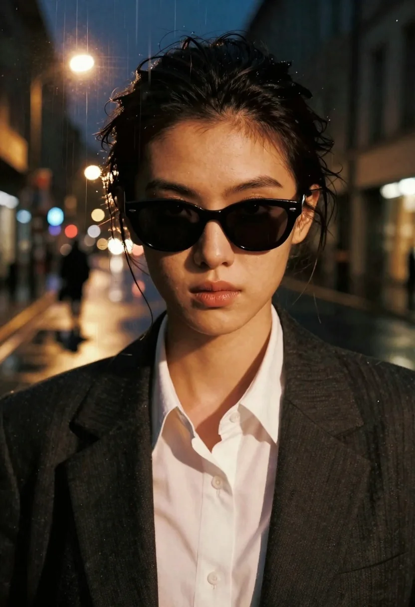 Close up portrait of woman with dark hair and sunglasses against rainy - AI generated image prompt sample