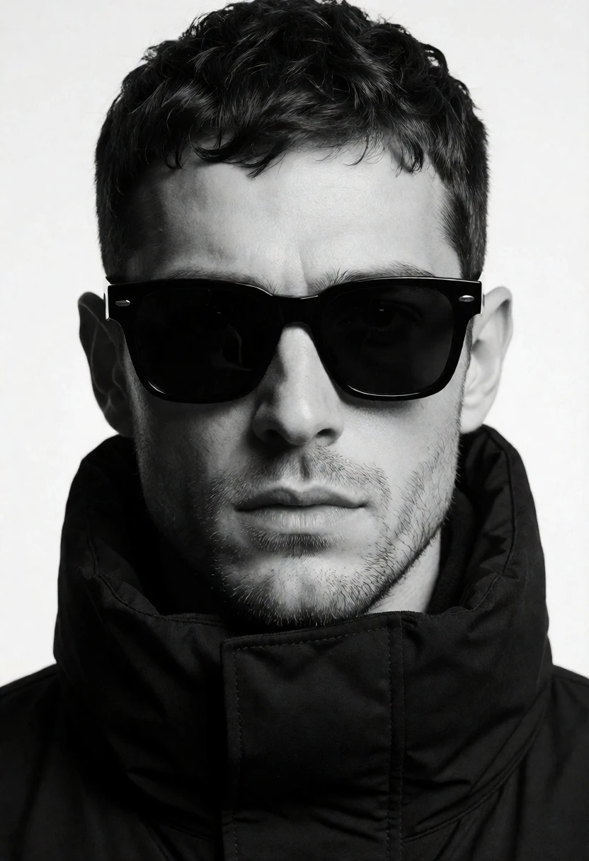 High contrast black and white portrait of man in jacket against white - AI generated image prompt sample