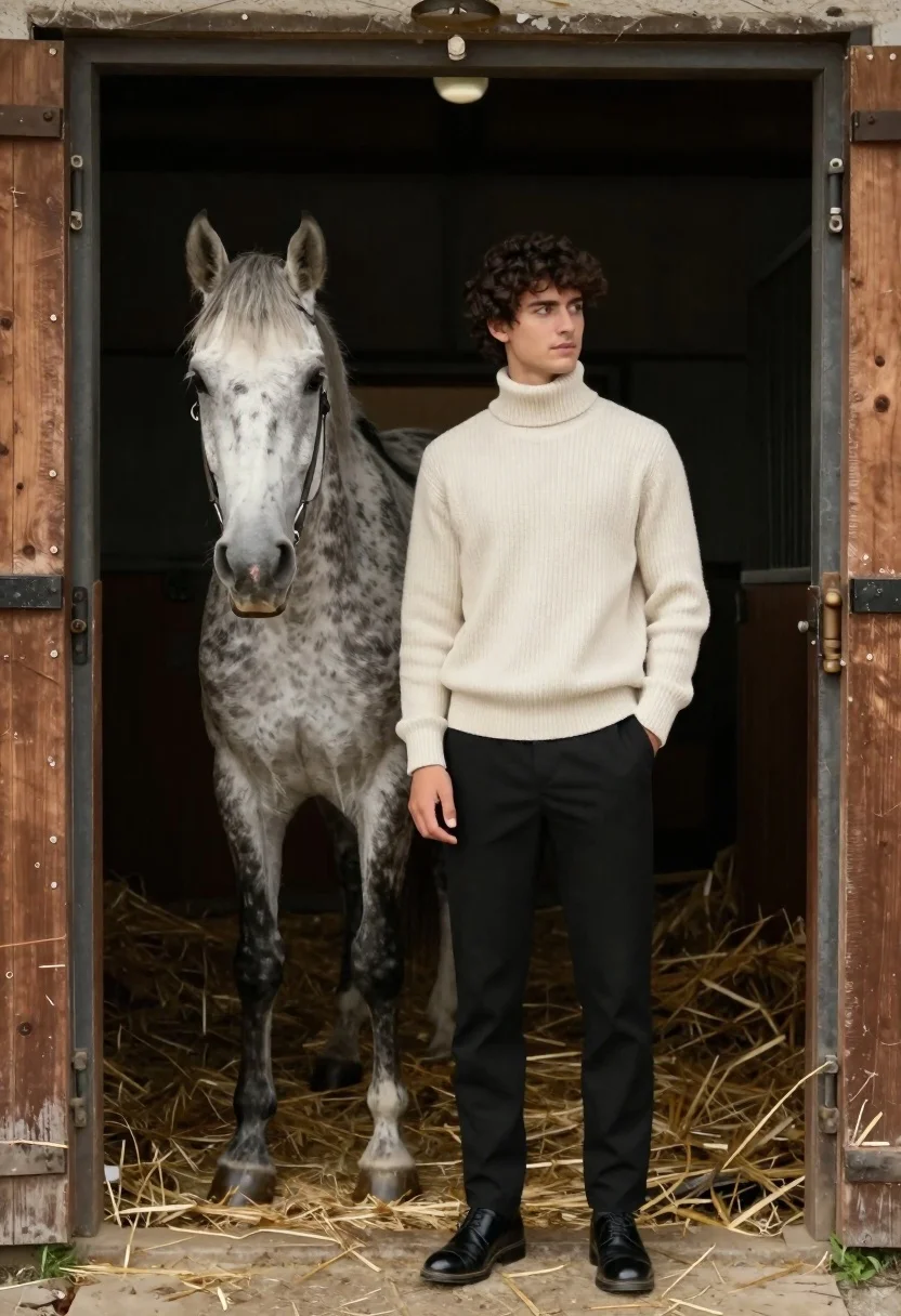 Young man in sweater standing by grey horse inside rustic wooden stable - AI generated image prompt sample
