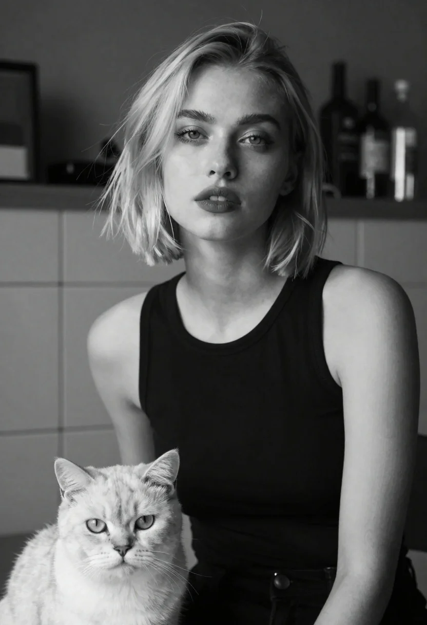 Monochrome portrait of woman with cat indoors - AI generated image prompt sample