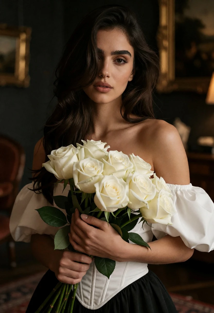 Woman holding white roses in dimly lit room with dark wood furniture - AI generated image prompt sample
