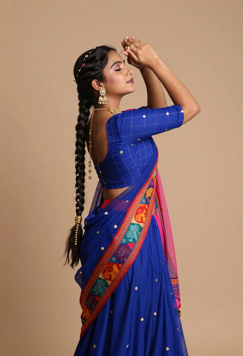 Young woman in vibrant blue traditional indian outfit against beige backdrop
