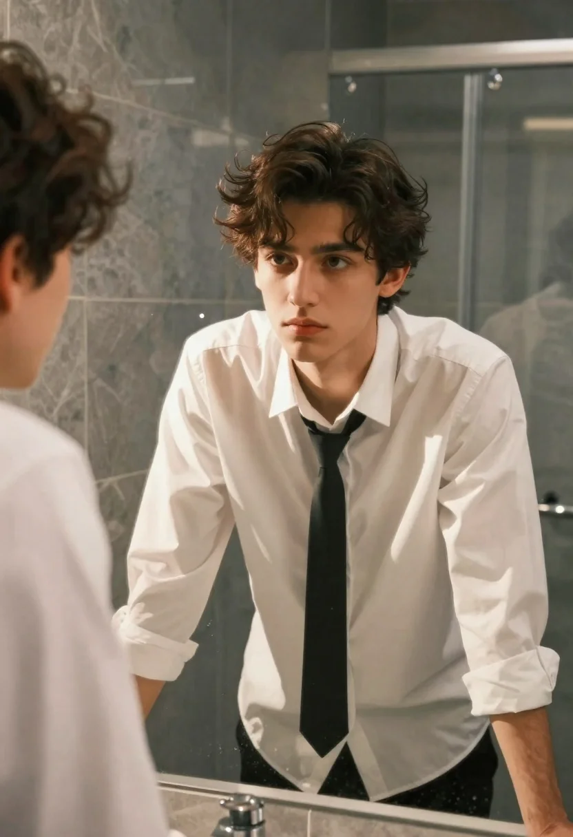 Young man in white shirt leaning over marble bathroom counter - AI generated image prompt sample