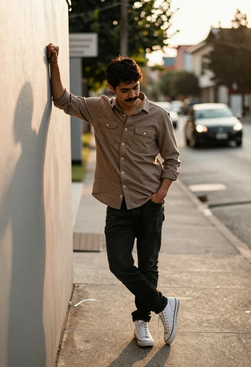 Young man leaning against textured wall on urban street at golden hour - AI generated image prompt sample