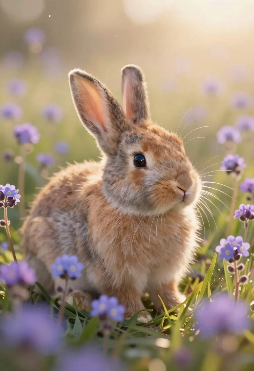 Rabbit nestled in purple wildflowers with golden sunlight