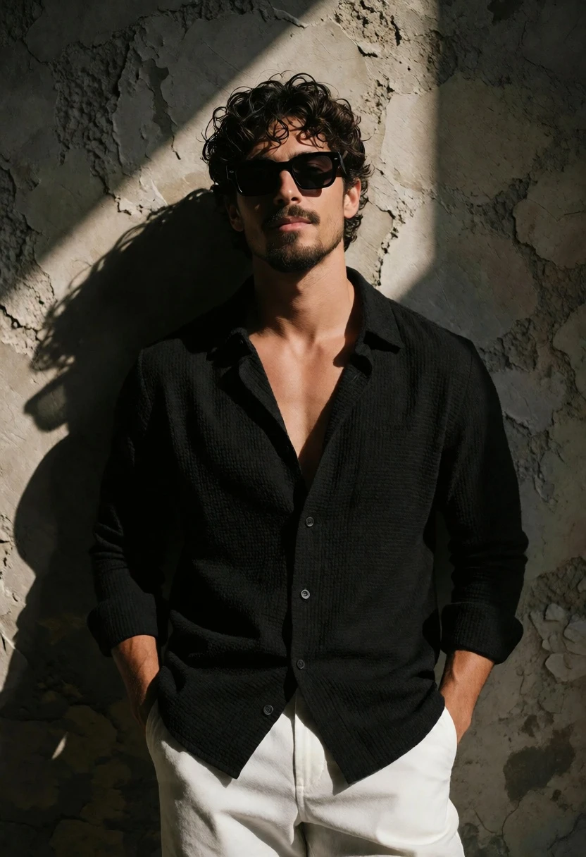 Man with dark curly hair against textured concrete wall in strong sunlight - AI generated image prompt sample