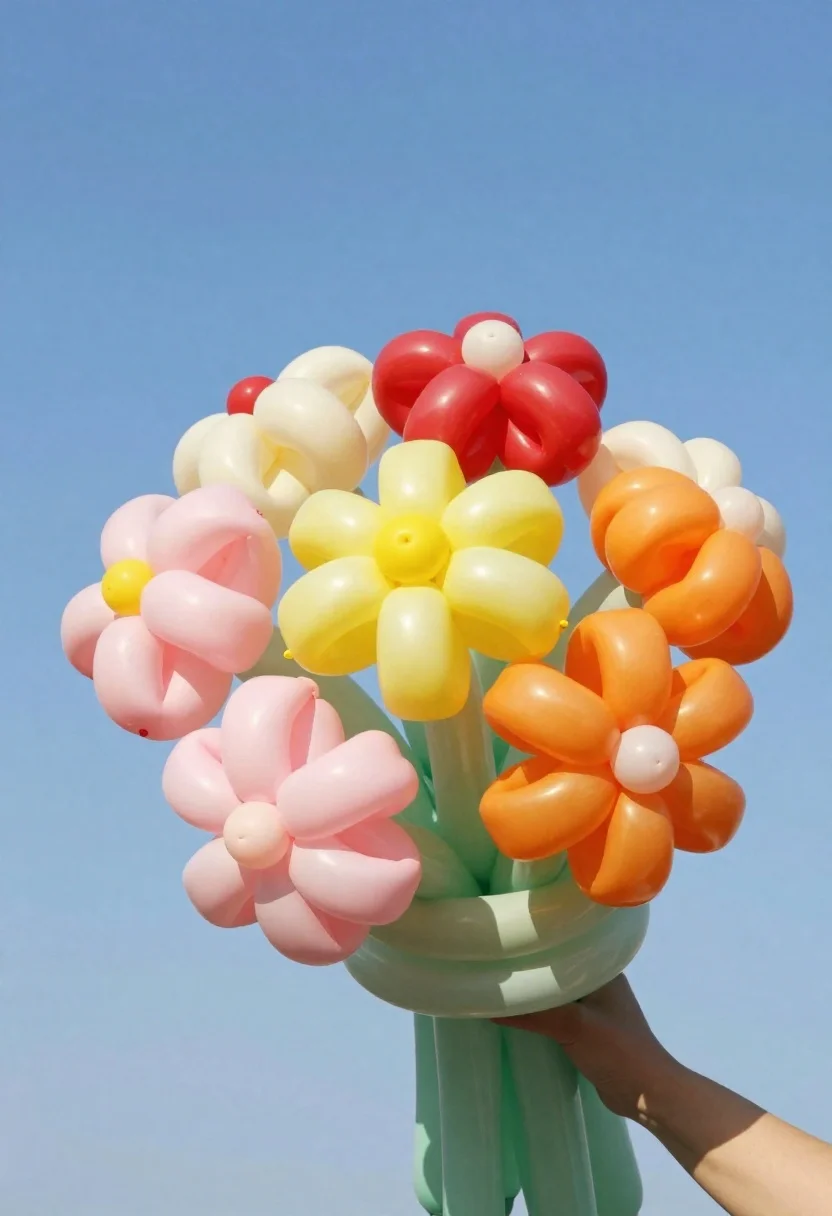 Hand holding pastel latex balloon flowers against blue sky