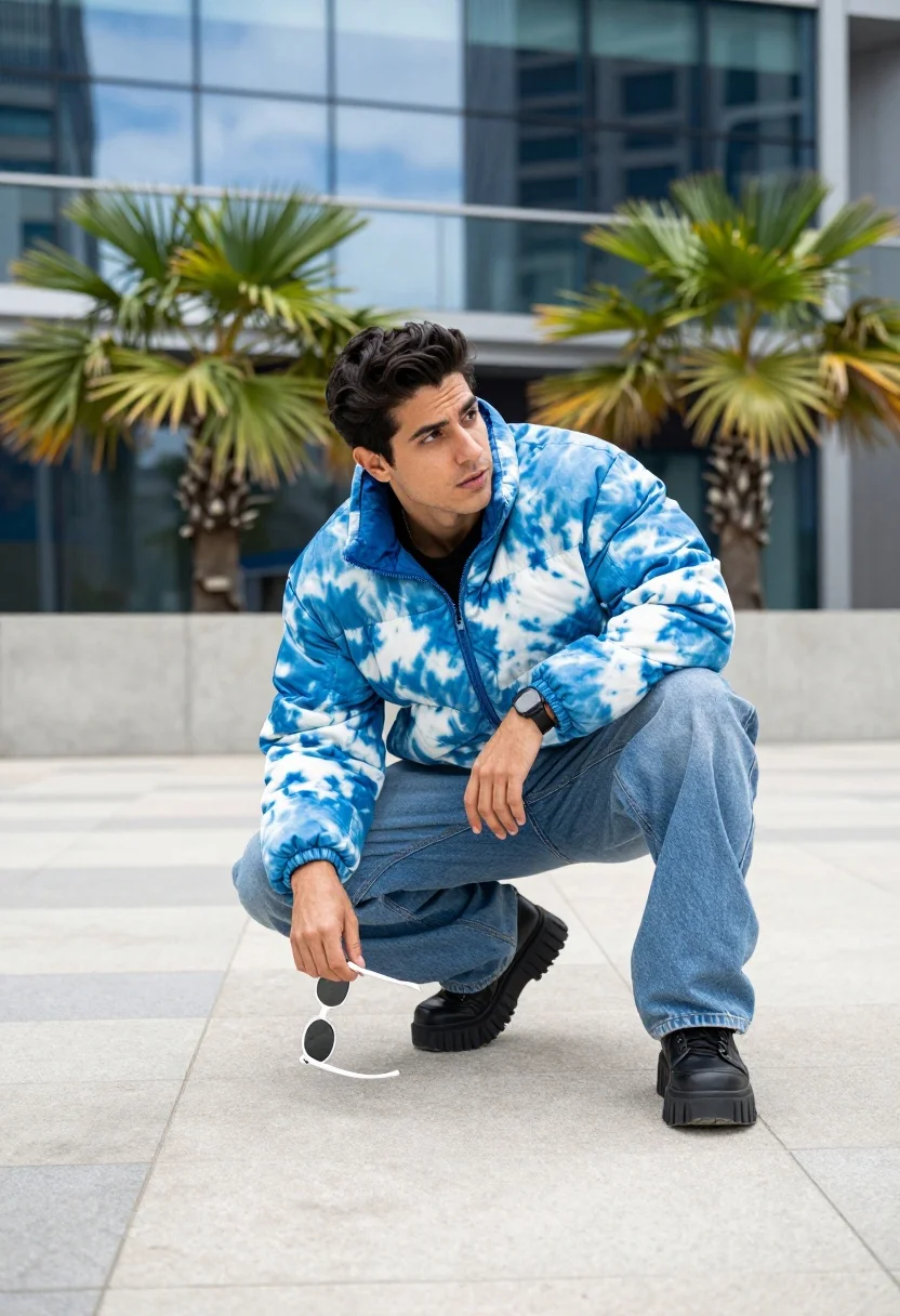 Man crouching low in urban plaza wearing tie dye jacket near glass - AI generated image prompt sample