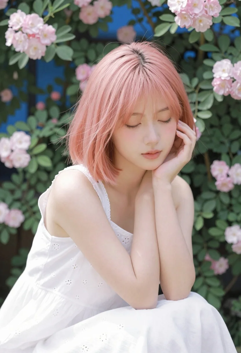Young woman resting head among pink flowers and greenery