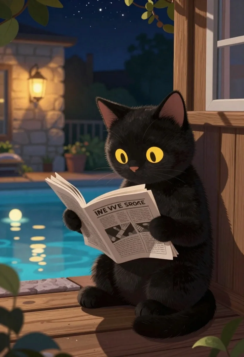Black kitten reading newspaper by glowing pool at night