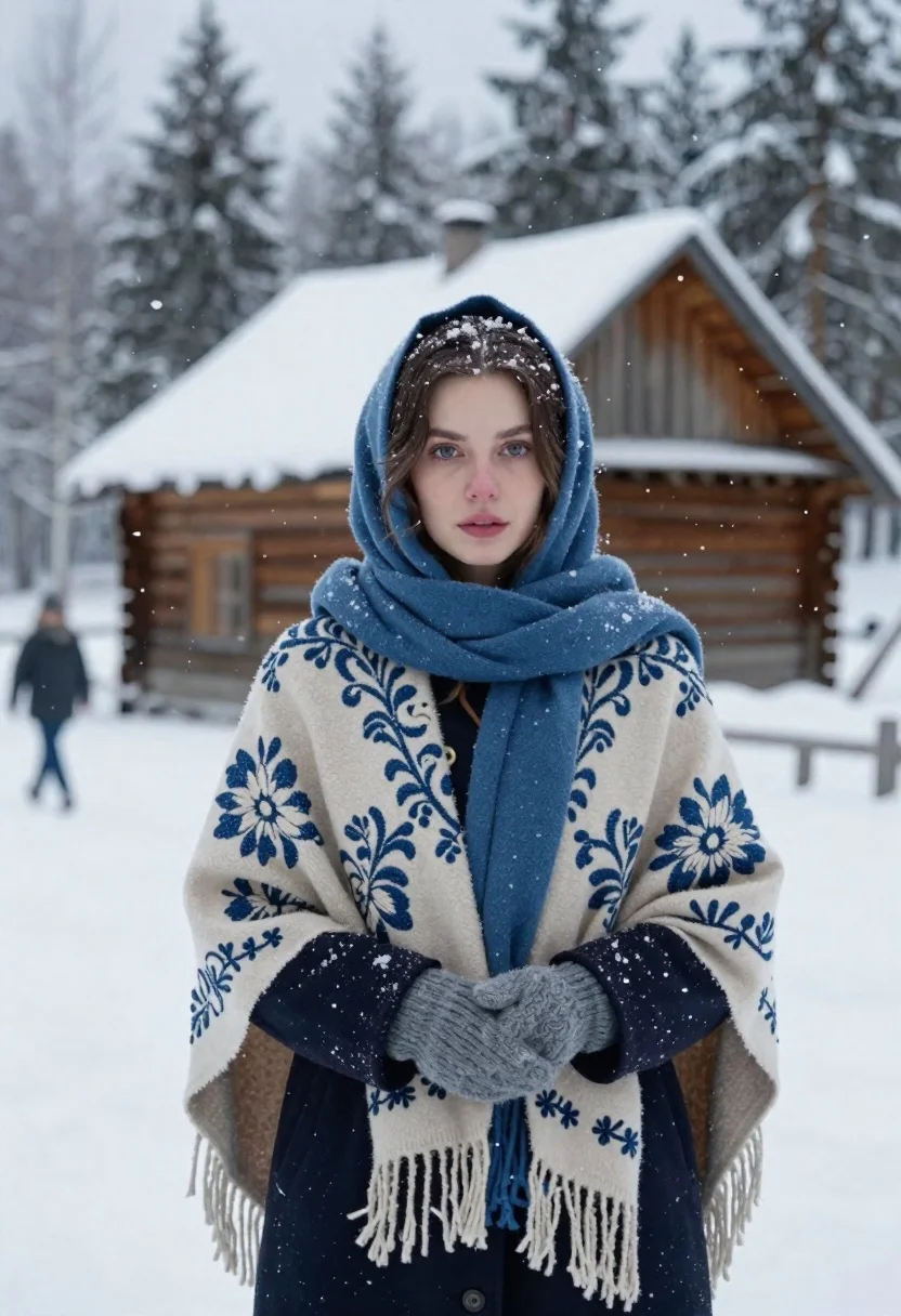 Young woman in shawl standing before snowy wooden cabin forest - AI generated image prompt sample