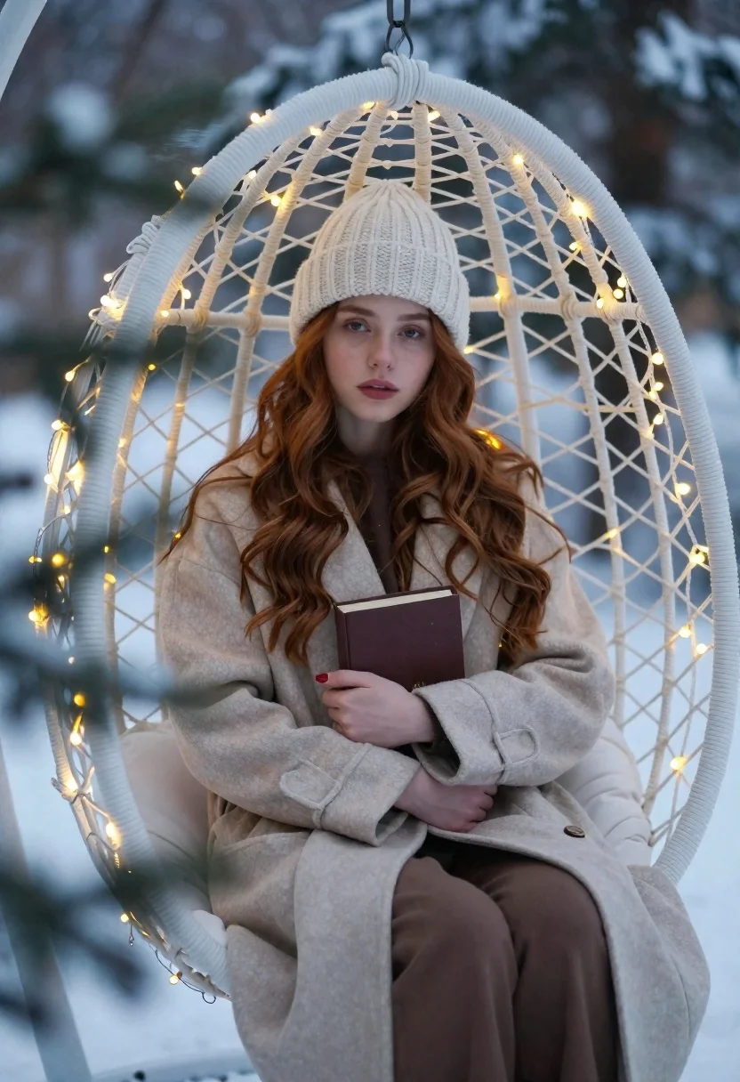 Young woman in beige coat sitting in hanging chair during snowy winter - AI generated image prompt sample