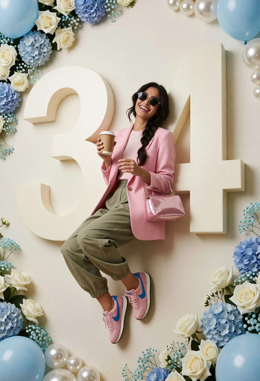 Woman lounging against large number 34 backdrop with flowers - AI generated image prompt sample