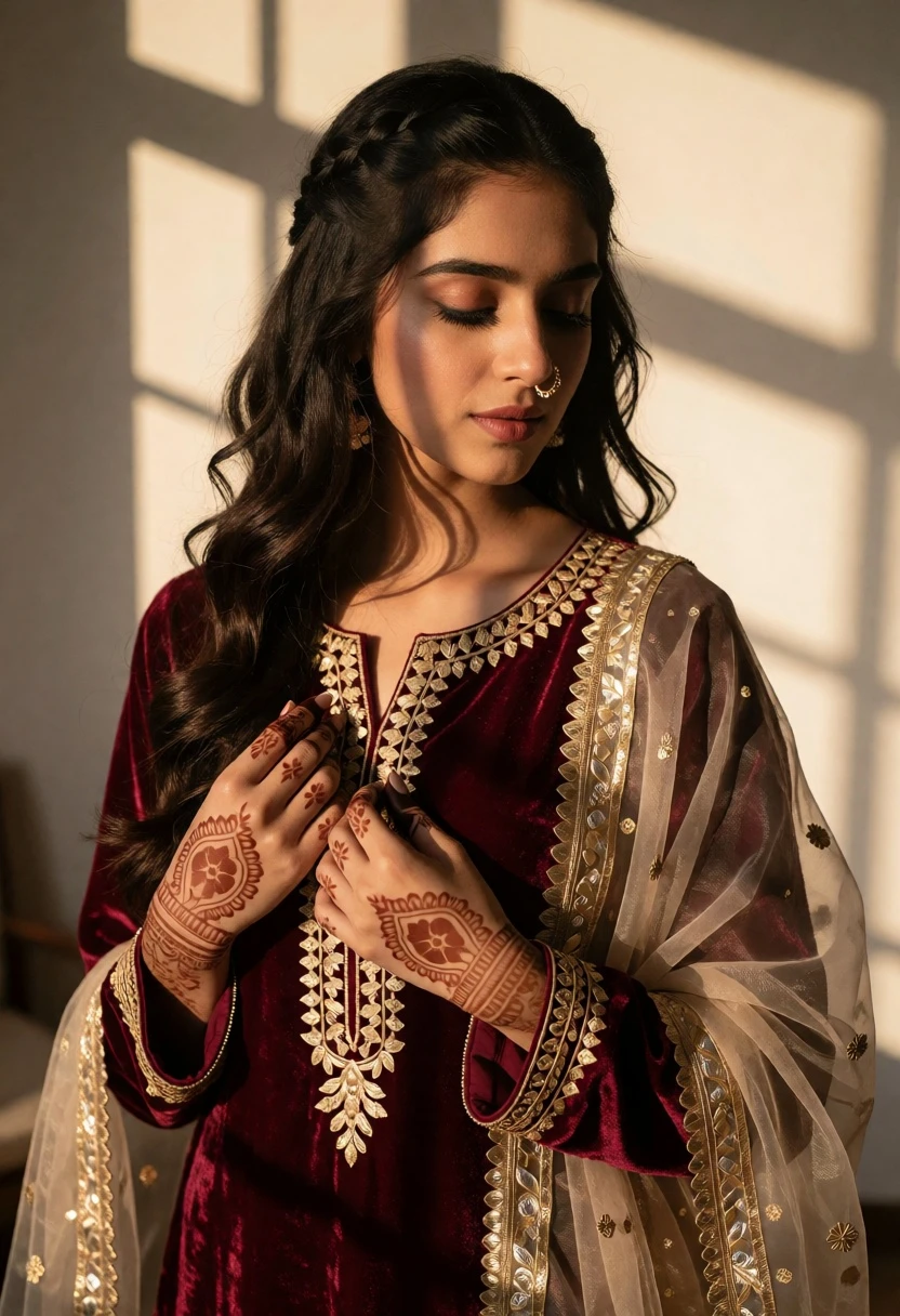 Young woman in maroon velvet kurta with gold embroidery indoors - AI generated image prompt sample