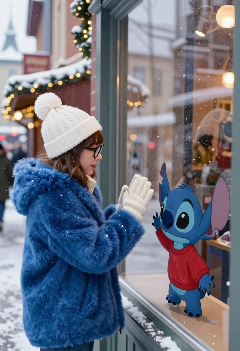 Young woman looking at stitch character through snowy shop window - AI generated image prompt sample