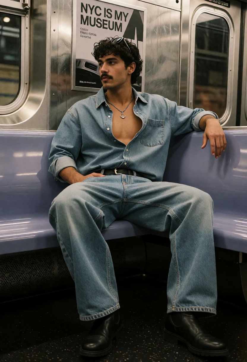 Young man seated on subway seat inside moving train car interior - AI generated image prompt sample
