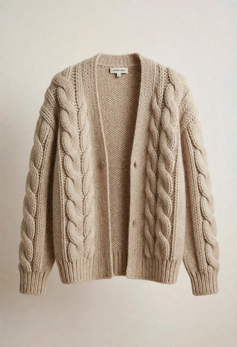Beige cable knit cardigan displayed on a soft neutral seamless studio backdrop - AI generated image prompt sample