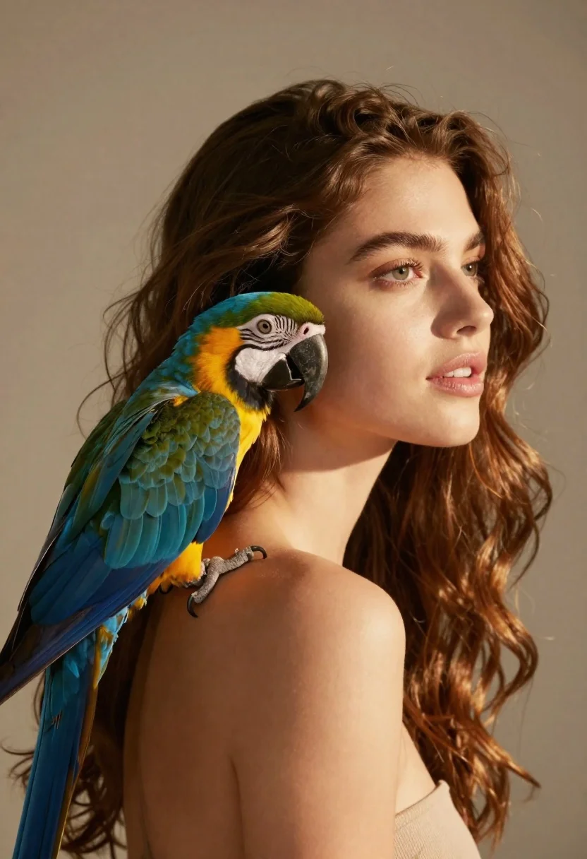 Close up portrait of woman with macaw on shoulder against beige background - AI generated image prompt sample