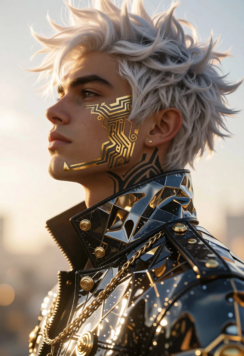 Cinematic profile portrait of man with white hair and golden tattoos - AI generated image prompt sample