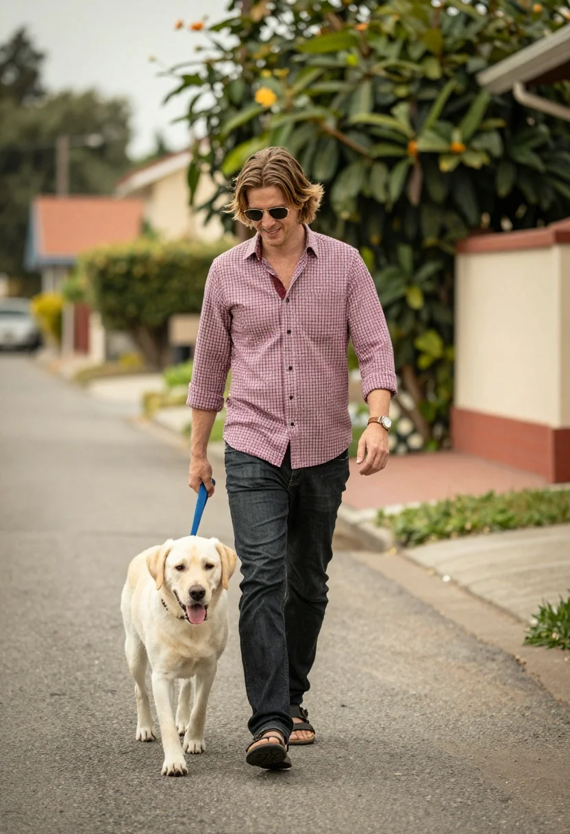 Smiling man walking light dog down quiet residential street with greenery - AI generated image prompt sample