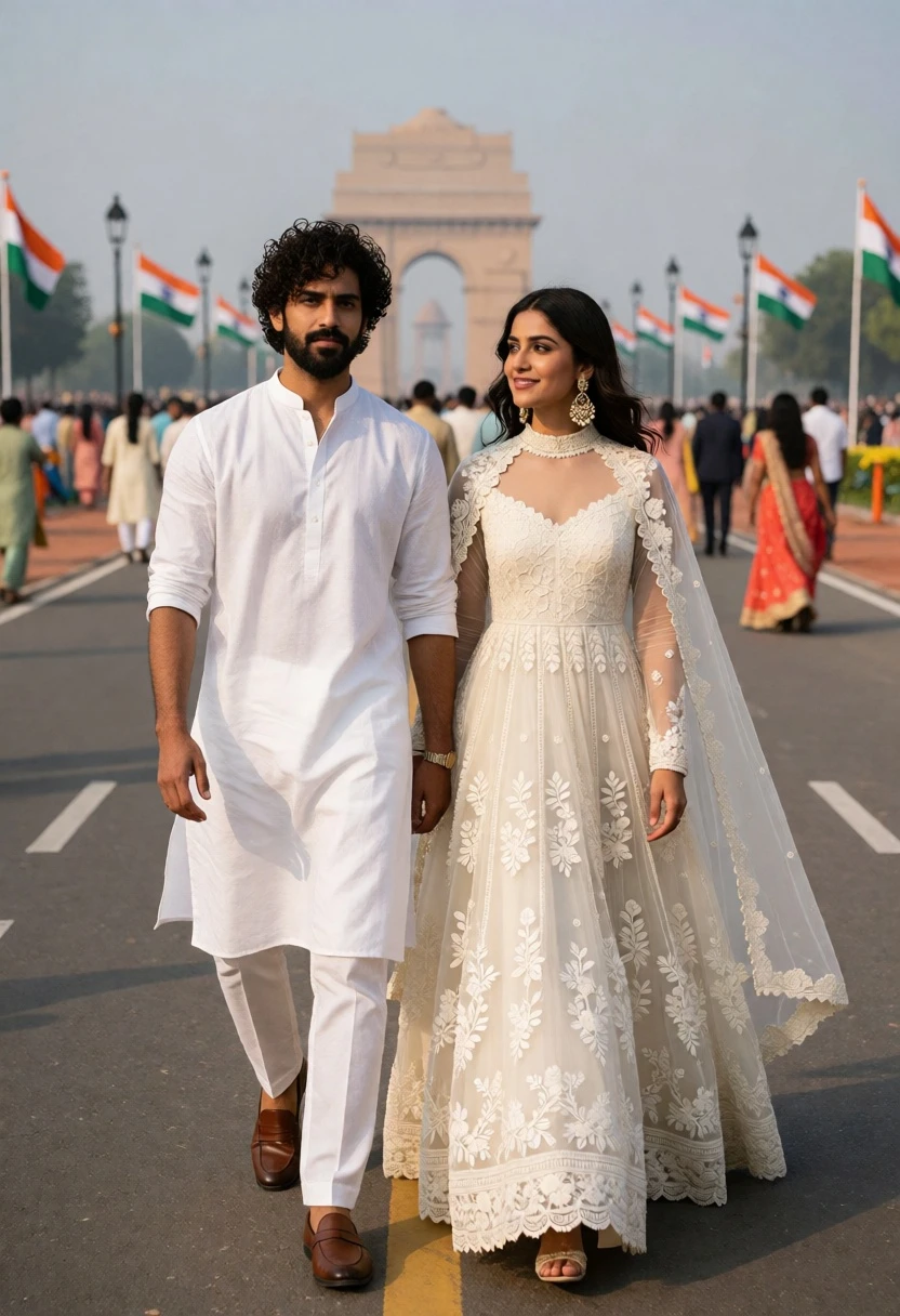 Couple walking on paved road near india gate during festive celebration - AI generated image prompt sample