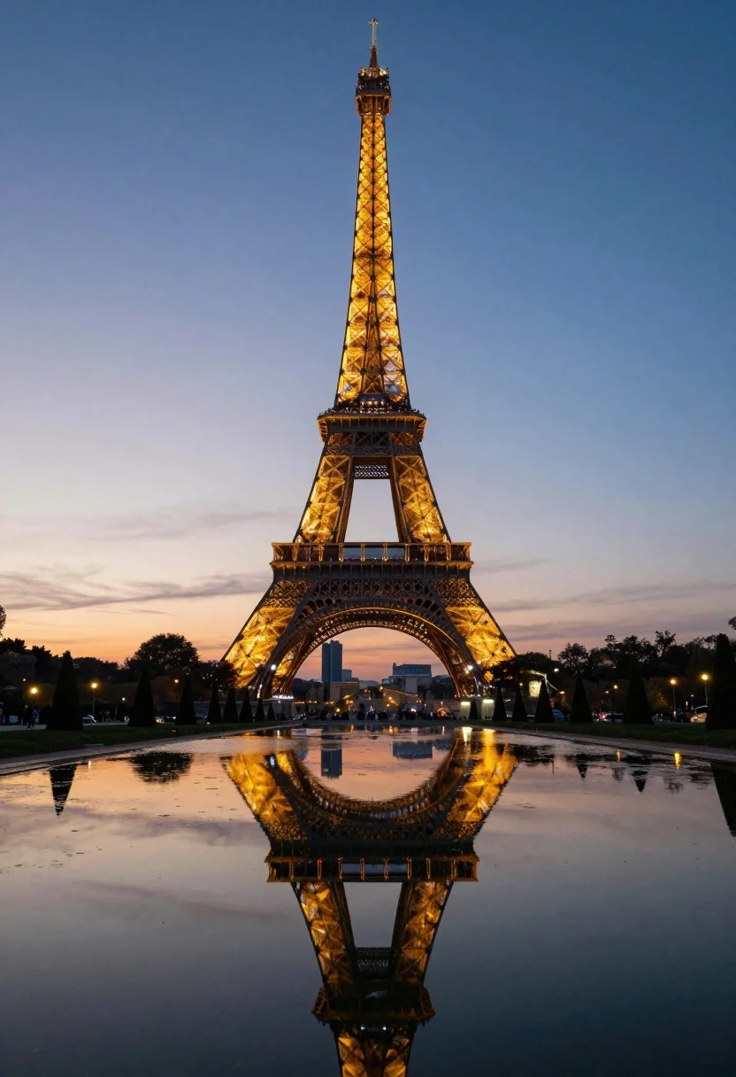 Eiffel tower reflected in still water under a twilight sky at dusk - AI generated image prompt sample