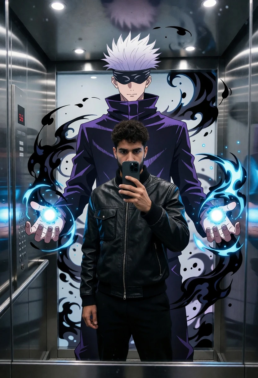 Man taking mirror selfie in modern elevator with anime mural projection - AI generated image prompt sample