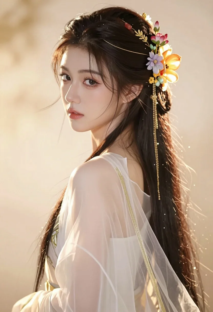 Close up portrait of young woman with dark hair flowers and gold - AI generated image prompt sample