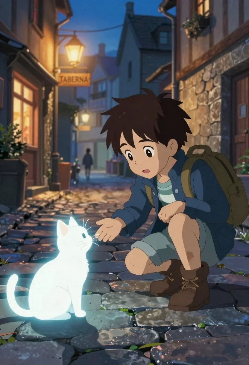 Young boy crouches on cobblestone street reaching out to glowing white cat - AI generated image prompt sample