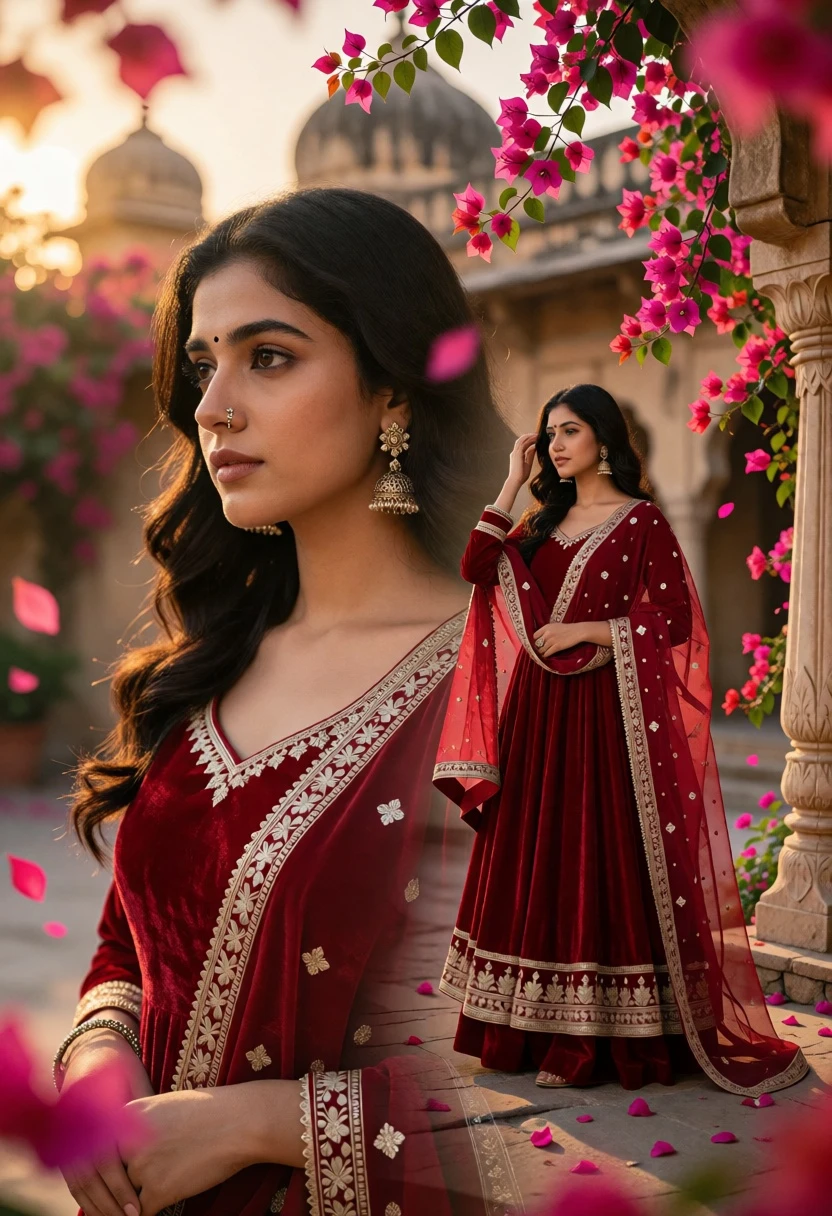 Layered portrait of woman in red anarkali suit amidst stone courtyard - AI generated image prompt sample