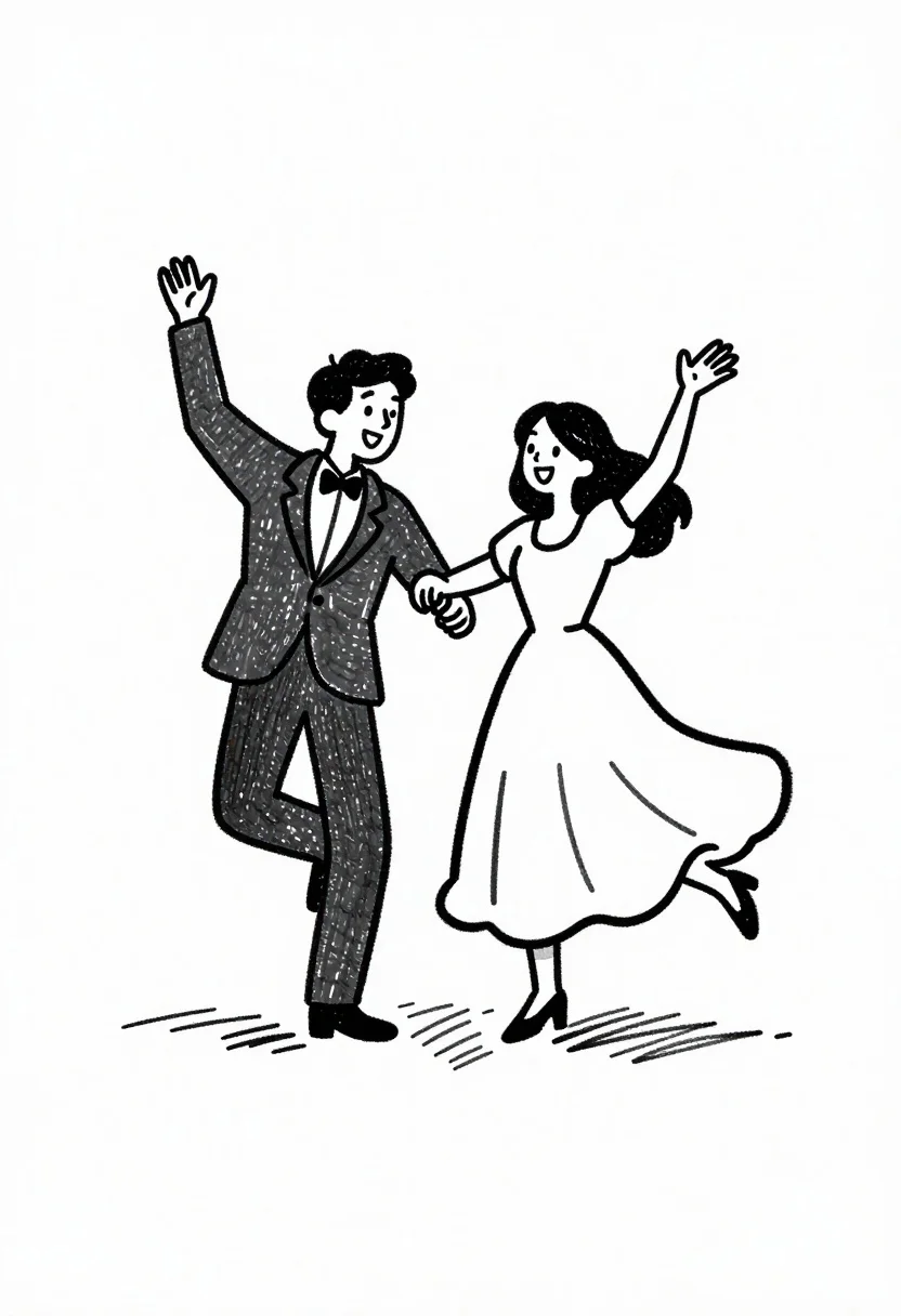 Black and white line drawing of a dancing couple