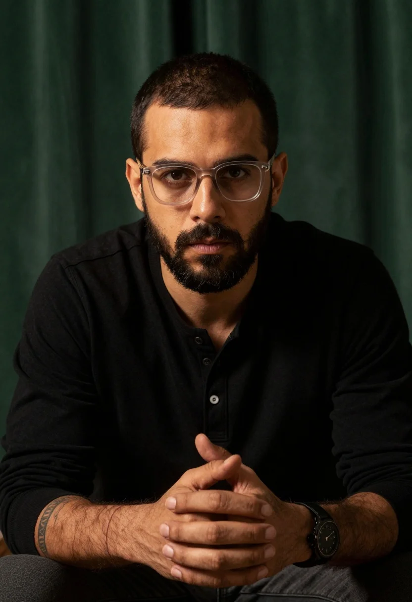 Medium close up portrait of serious man in black henley shirt against - AI generated image prompt sample