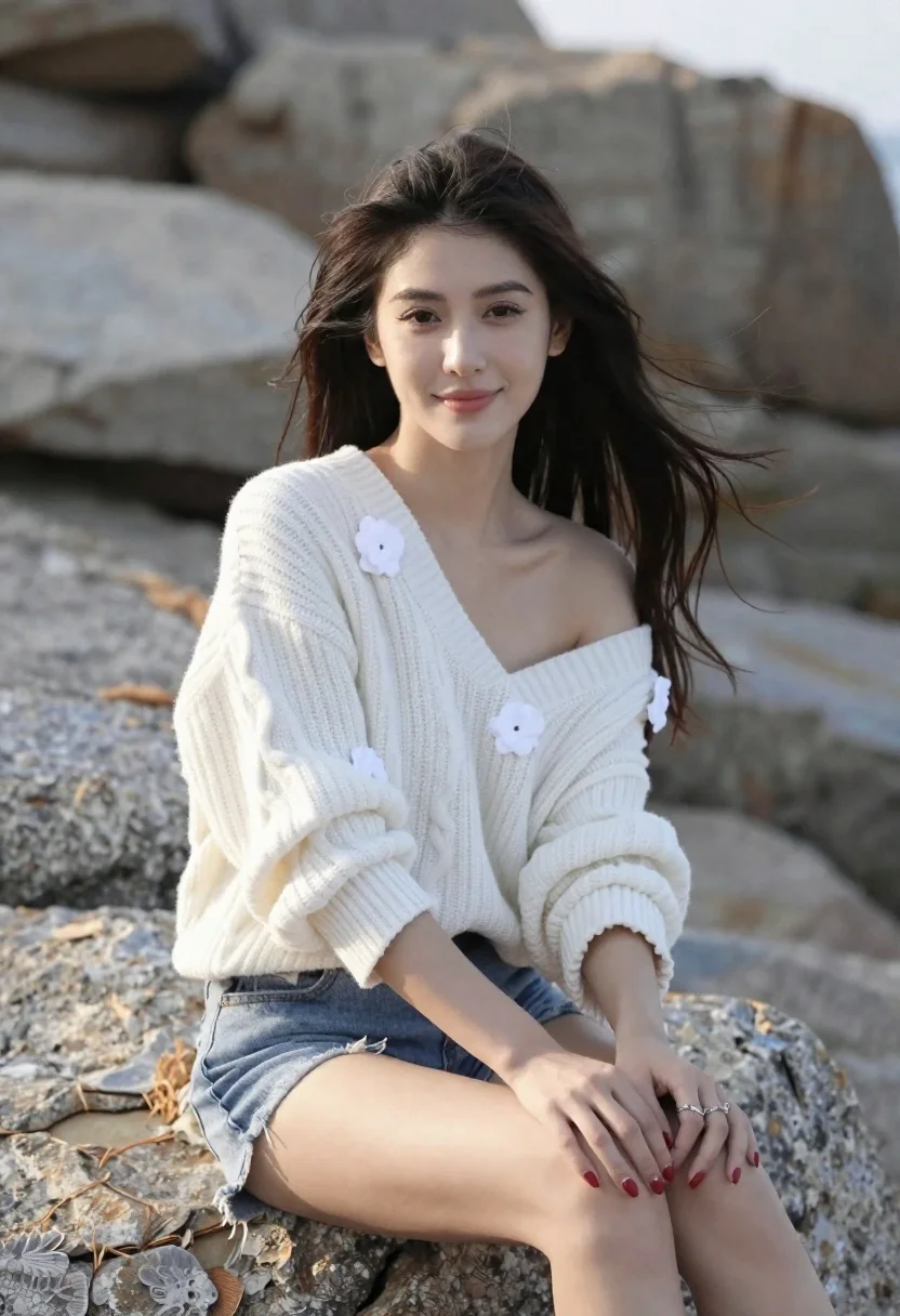 Young woman with dark hair on rock at rocky shoreline outdoors