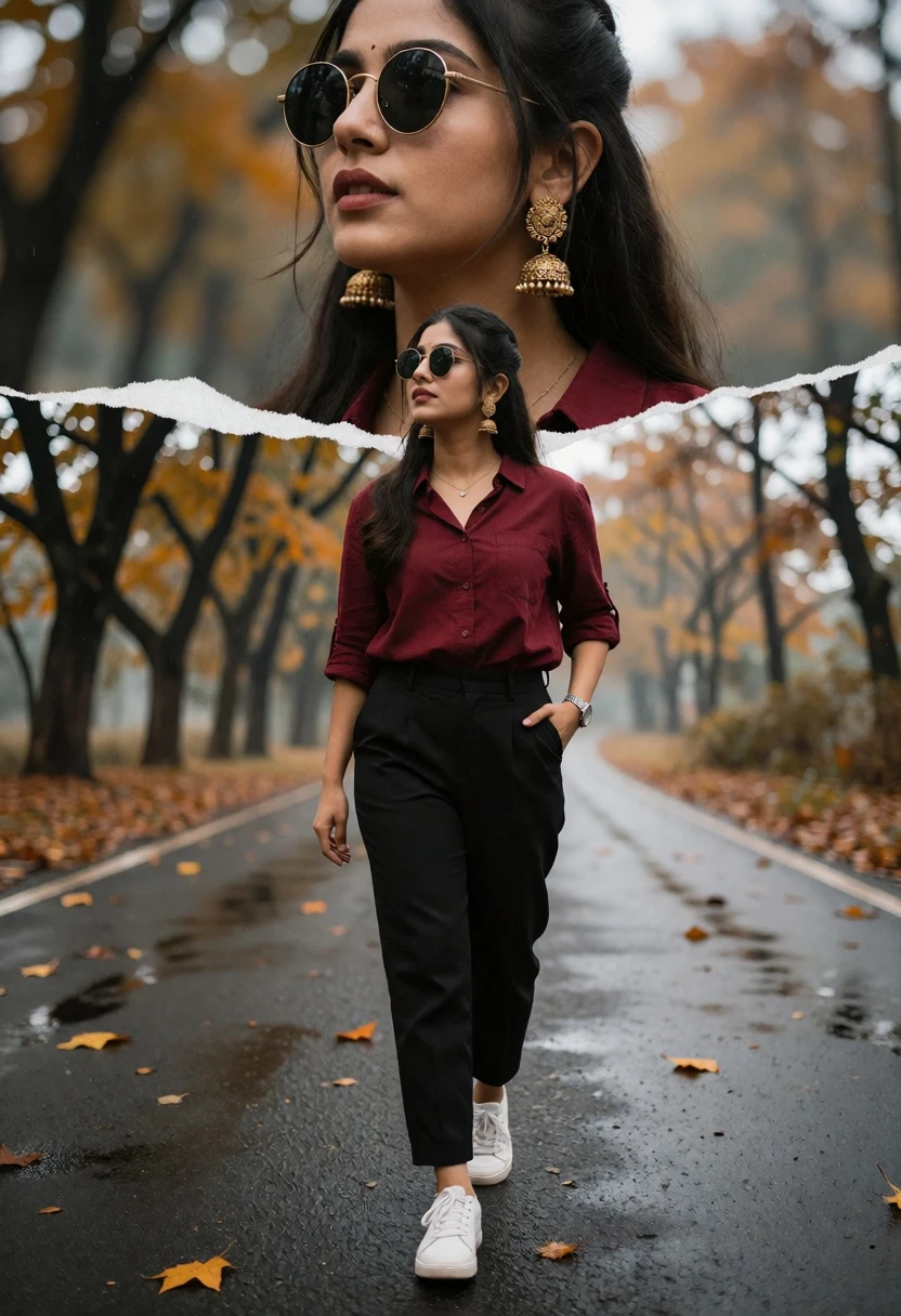 Young woman walking down wet asphalt road with autumnal blurred trees - AI generated image prompt sample