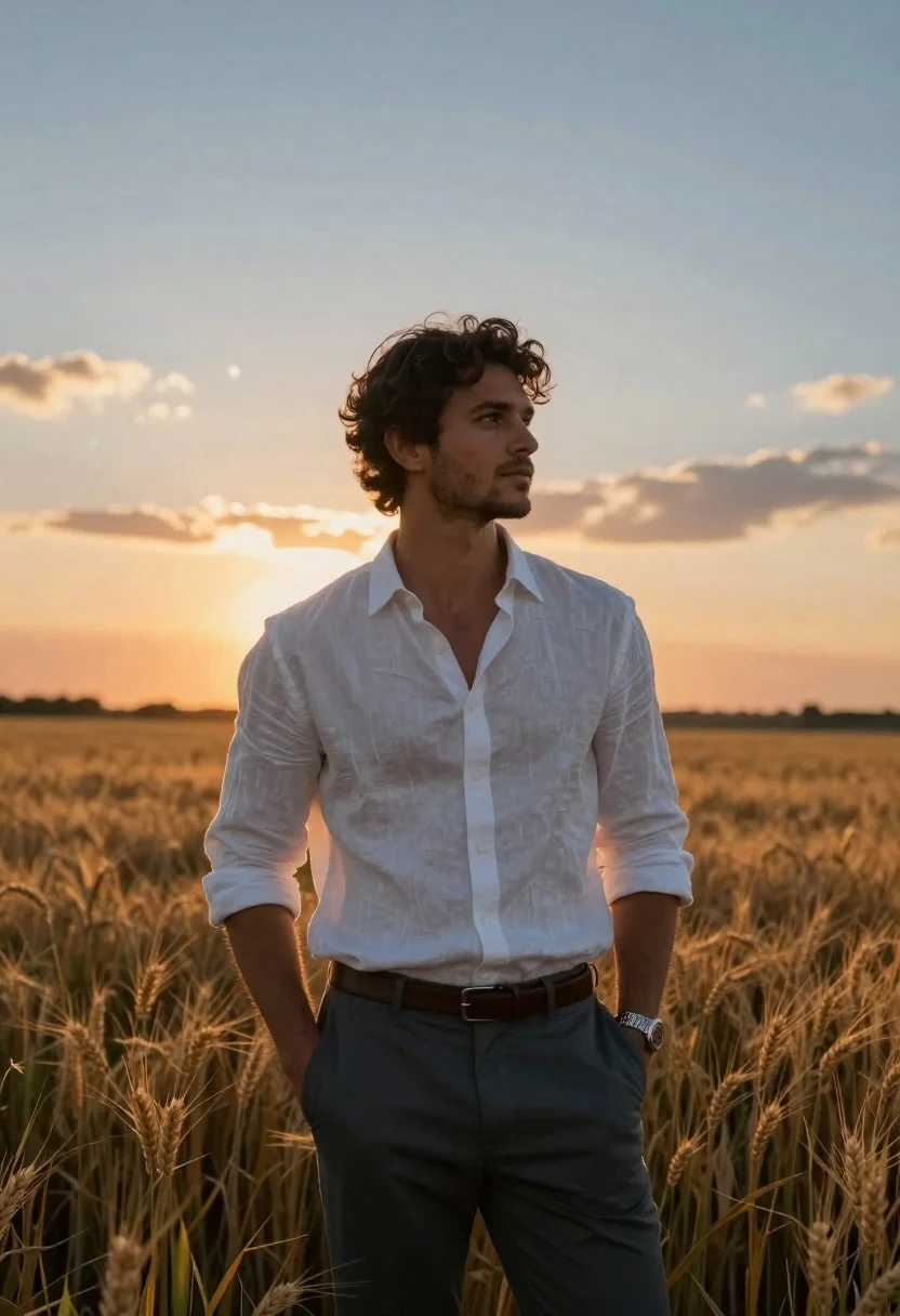 Man in white shirt standing in golden wheat field at twilight - AI generated image prompt sample