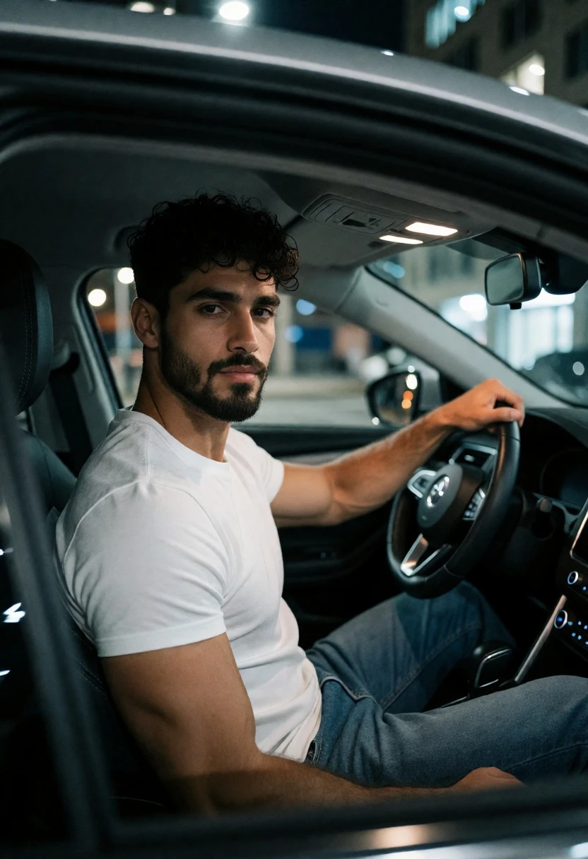 Man in driver seat looking at camera inside modern car at night - AI generated image prompt sample