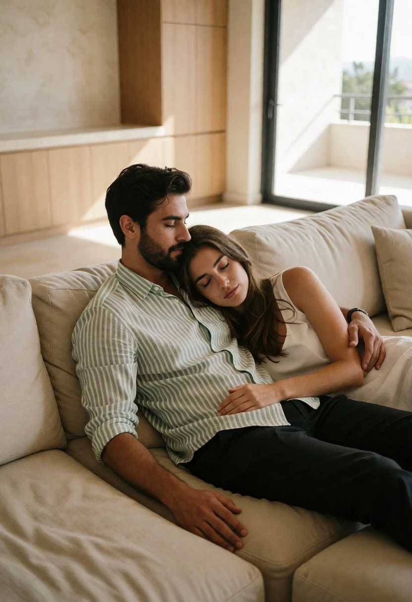 Couple resting intimately on beige sofa in sunlit modern living room - AI generated image prompt sample