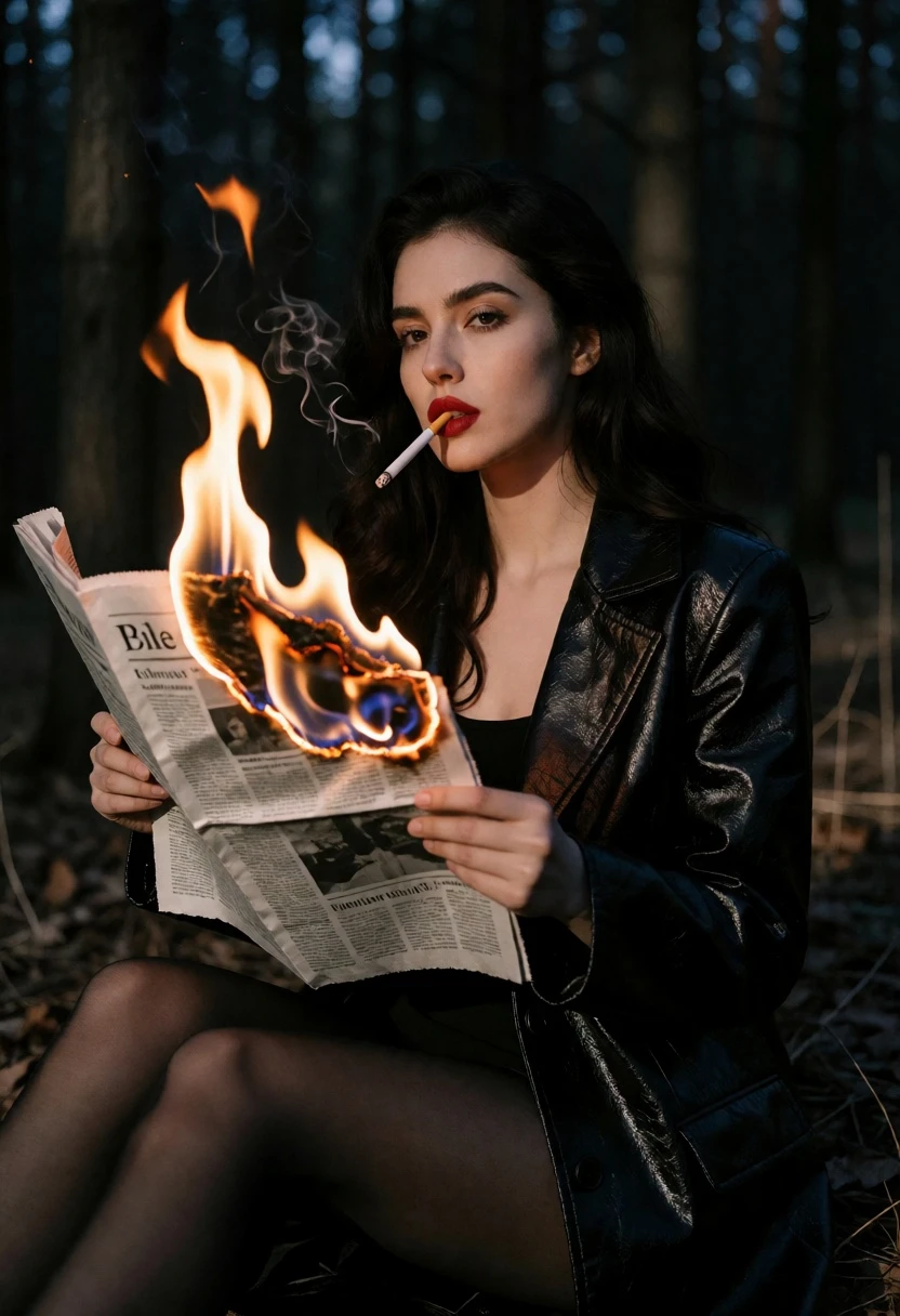 Woman in black leather coat holding burning newspaper in dark forest - AI generated image prompt sample