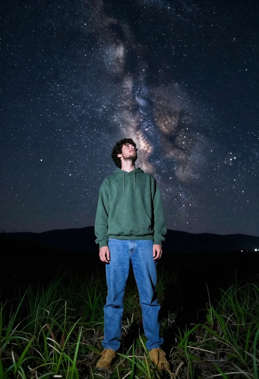Young man looking up at milky way in grassy field under starry - AI generated image prompt sample