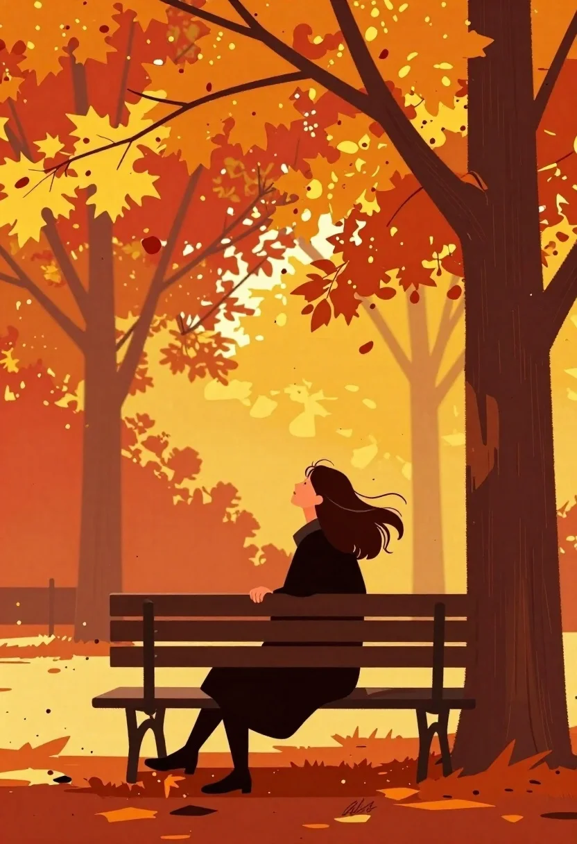 Woman on park bench under autumn trees illustration