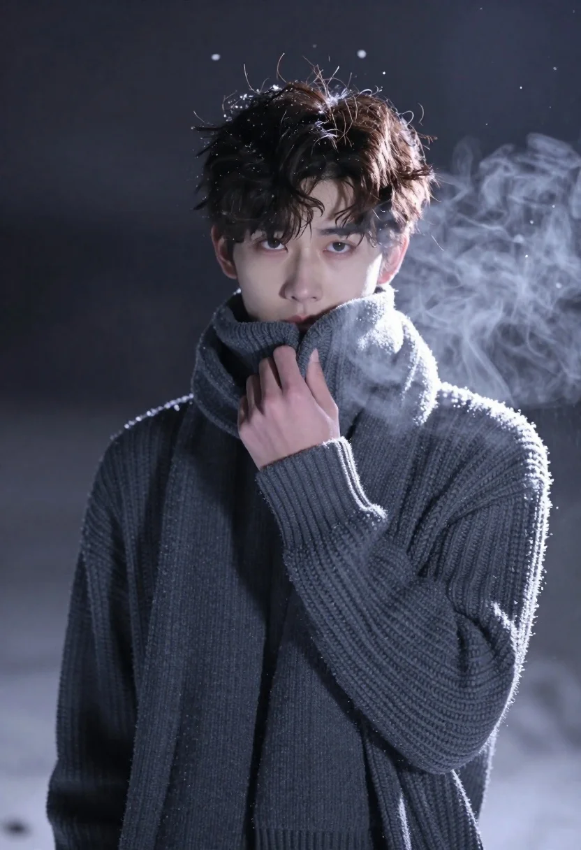 Young man in grey sweater touching scarf in snowy misty winter environment - AI generated image prompt sample