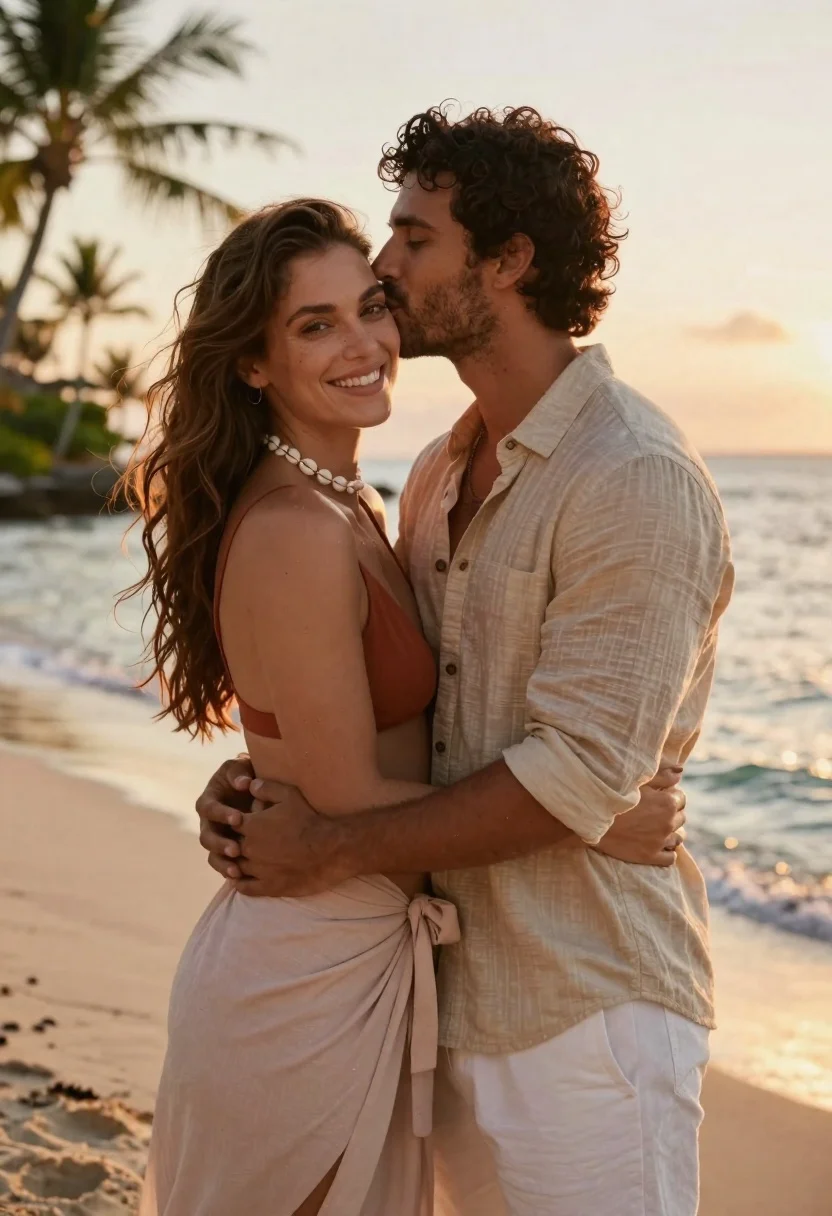 Romantic couple embracing on a tropical beach during sunset - AI generated image prompt sample